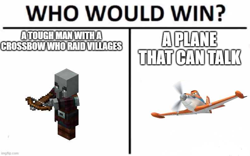 Who Would Win? | A TOUGH MAN WITH A CROSSBOW WHO RAID VILLAGES; A PLANE THAT CAN TALK | image tagged in memes,who would win | made w/ Imgflip meme maker