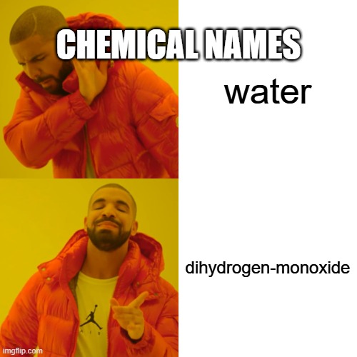 chemical names | CHEMICAL NAMES; water; dihydrogen-monoxide | image tagged in memes,drake hotline bling | made w/ Imgflip meme maker