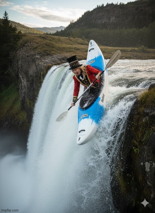 Taylor Swift takes the plunge | image tagged in taylor swift,kayak,waterfall,screaming,danger,ringmaster | made w/ Imgflip meme maker