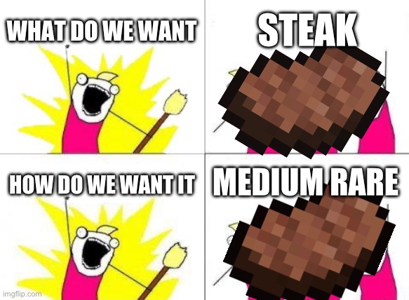 What Do We Want | WHAT DO WE WANT; STEAK; MEDIUM RARE; HOW DO WE WANT IT | image tagged in memes,what do we want | made w/ Imgflip meme maker