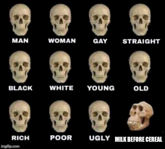 idiot skull | MILK BEFORE CEREAL | image tagged in idiot skull | made w/ Imgflip meme maker