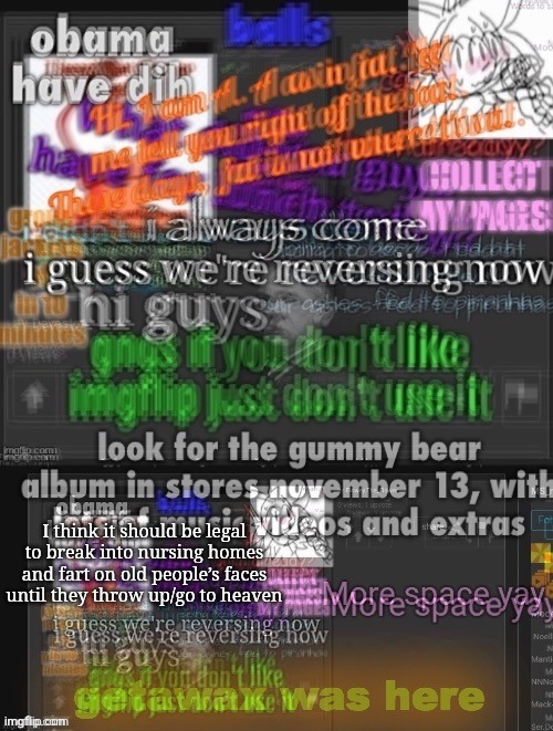 I think it should be legal to break into nursing homes and fart on old people’s faces until they throw up/go to heaven | made w/ Imgflip meme maker