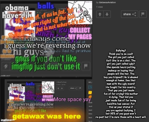 Bullying? Think you're so cool? The girl you just called fat? She is on a diet. The girl you just called ugly? She spends hours putting makeup on hoping that people will like her. The boy you tripped? He is abused enough at home. See that man with the ugly scars? He fought for his country. That guy you just made fun of for crying? His mother is dying. That kid you just made fun of for being bald?He has cancer. Put this as your status if you are against bullying. I bet 95% of you guys won't re-post but I'm sure those with a heart will. | made w/ Imgflip meme maker