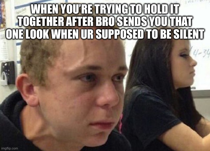 When you haven't told anybody | WHEN YOU’RE TRYING TO HOLD IT TOGETHER AFTER BRO SENDS YOU THAT ONE LOOK WHEN UR SUPPOSED TO BE SILENT | image tagged in when you haven't told anybody | made w/ Imgflip meme maker