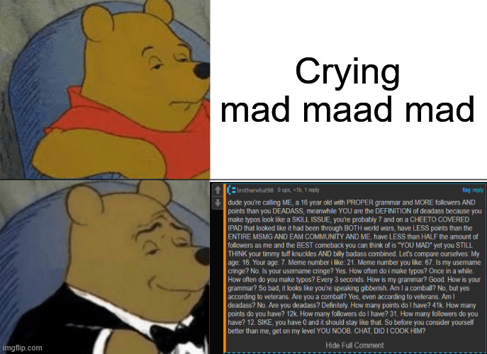 My image meme | Crying mad maad mad | image tagged in memes,tuxedo winnie the pooh | made w/ Imgflip meme maker