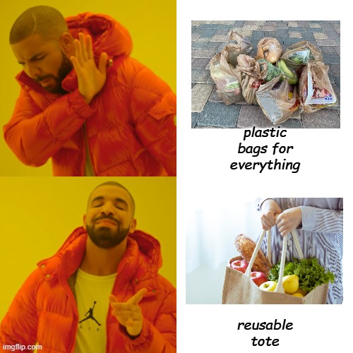 Drake Hotline Bling Meme | plastic bags for everything; reusable tote | image tagged in memes,drake hotline bling,recycling | made w/ Imgflip meme maker