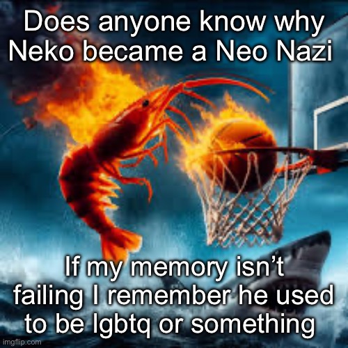 Ballin shrimp | Does anyone know why Neko became a Neo Nazi; If my memory isn’t failing I remember he used to be lgbtq or something | image tagged in ballin shrimp | made w/ Imgflip meme maker