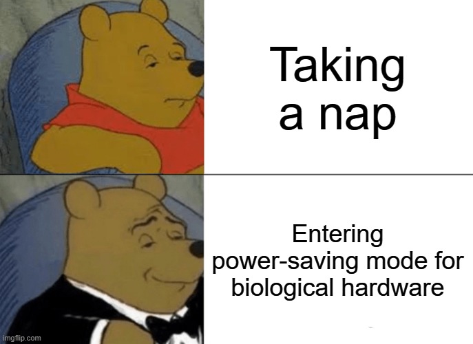 Taking a nap | Taking a nap; Entering power-saving mode for biological hardware | image tagged in memes,tuxedo winnie the pooh,nap,hey are you sleeping,power,biology | made w/ Imgflip meme maker