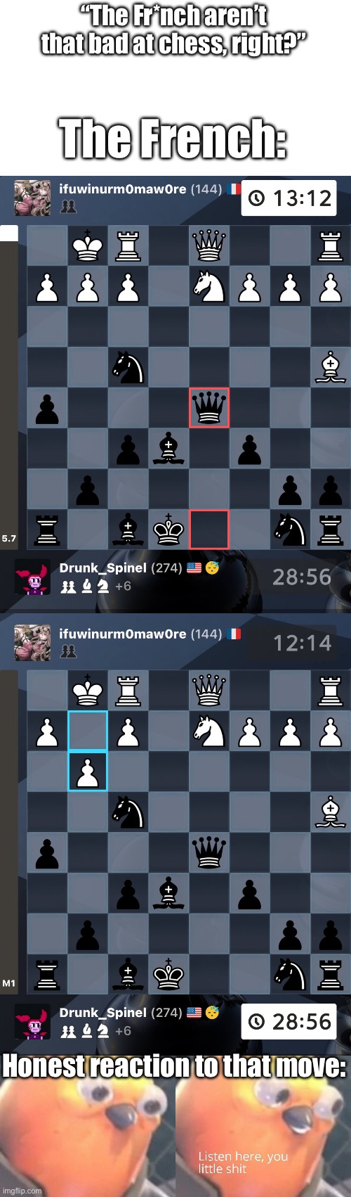 What a game. I’m not surprised. | “The Fr*nch aren’t that bad at chess, right?”; The French:; Honest reaction to that move: | image tagged in chess,satire,listen here you little shit,certified bruh moment | made w/ Imgflip meme maker