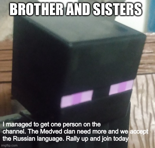 Enderman stare | BROTHER AND SISTERS; I managed to get one person on the channel. The Medved clan need more and we accept the Russian language. Rally up and join today | image tagged in enderman stare | made w/ Imgflip meme maker