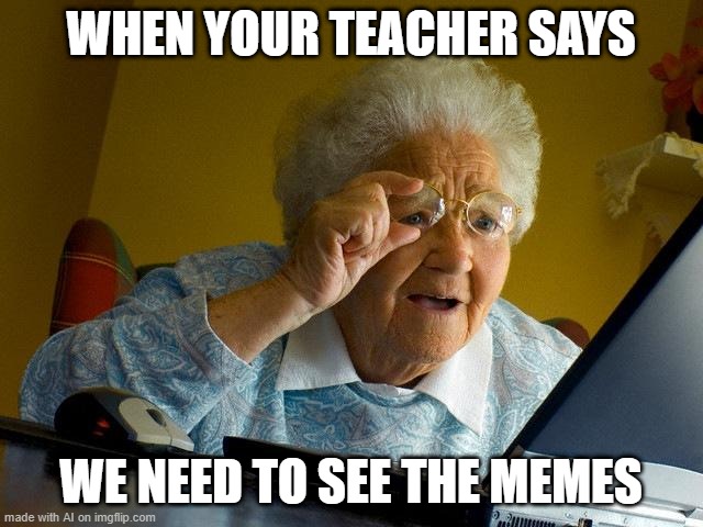 My teacher said we need to see the meme | WHEN YOUR TEACHER SAYS; WE NEED TO SEE THE MEMES | image tagged in memes,grandma finds the internet | made w/ Imgflip meme maker