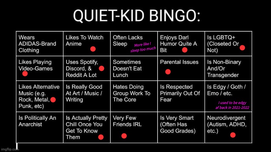 Quiet Kid Bingo | More like I sleep too much; I used to be edgy af back in 2021-2022 | image tagged in quiet kid bingo | made w/ Imgflip meme maker
