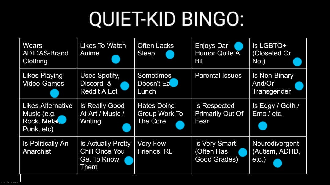 Quiet Kid Bingo | image tagged in quiet kid bingo | made w/ Imgflip meme maker