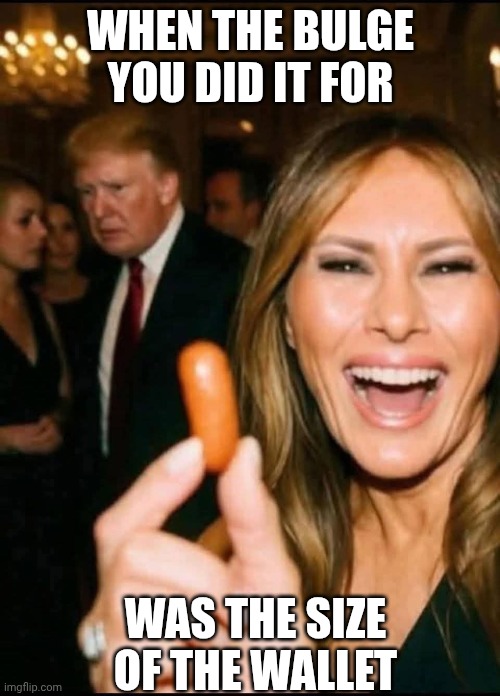 Cocktail party humor, Mar-a-lago style | WHEN THE BULGE YOU DID IT FOR; WAS THE SIZE OF THE WALLET | image tagged in melanie trump cocktail weenie,donald trump,small penis,maga,dick jokes | made w/ Imgflip meme maker