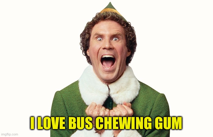 I LOVE BUS CHEWING GUM | image tagged in buddy the elf excited | made w/ Imgflip meme maker