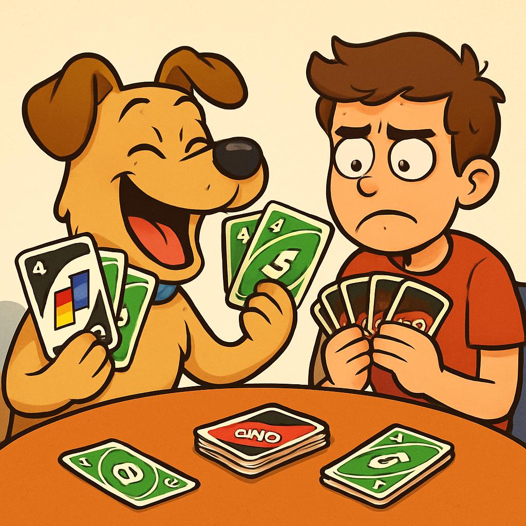 dog playing uno agents a person and the dog is wining BUT THE DO Blank Meme Template