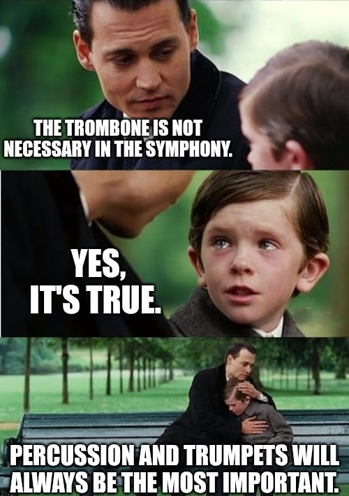 Im sorry | YES, IT'S TRUE. PERCUSSION AND TRUMPETS WILL ALWAYS BE THE MOST IMPORTANT. THE TROMBONE IS NOT NECESSARY IN THE SYMPHONY. | image tagged in im sorry | made w/ Imgflip meme maker