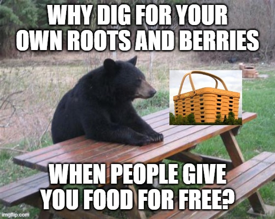 Bad Luck Bear Meme | WHY DIG FOR YOUR OWN ROOTS AND BERRIES WHEN PEOPLE GIVE YOU FOOD FOR FREE? | image tagged in memes,bad luck bear | made w/ Imgflip meme maker