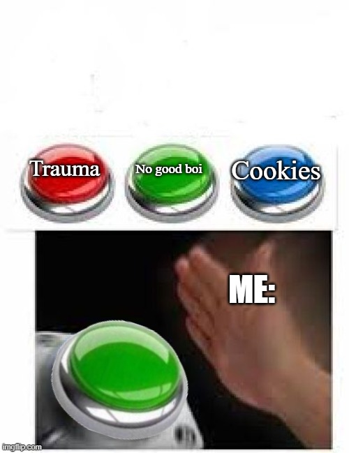 Red Green Blue Buttons | Trauma Cookies No good boi ME: | image tagged in red green blue buttons | made w/ Imgflip meme maker