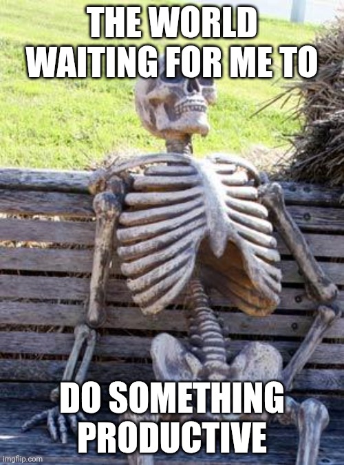 Is this repost? | THE WORLD WAITING FOR ME TO; DO SOMETHING PRODUCTIVE | image tagged in memes,waiting skeleton | made w/ Imgflip meme maker
