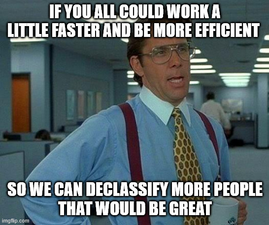 That Would Be Great Meme | IF YOU ALL COULD WORK A LITTLE FASTER AND BE MORE EFFICIENT; SO WE CAN DECLASSIFY MORE PEOPLE
THAT WOULD BE GREAT | image tagged in memes,that would be great | made w/ Imgflip meme maker