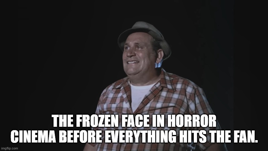 One second later... | THE FROZEN FACE IN HORROR CINEMA BEFORE EVERYTHING HITS THE FAN. | image tagged in horror movie frozen face,frozen smile,dark night of the scarecrow 1987,dark night of the scarecrow | made w/ Imgflip meme maker