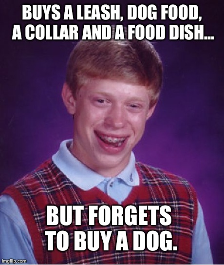 Brian at the petshop. | BUYS A LEASH, DOG FOOD, A COLLAR AND A FOOD DISH... BUT FORGETS TO BUY A DOG. | image tagged in memes,bad luck brian,dogs,d'oih,funny,cute | made w/ Imgflip meme maker