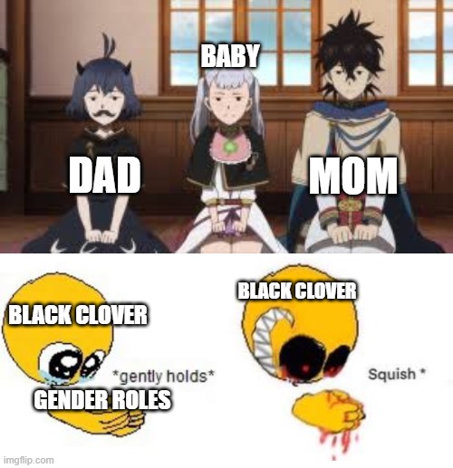 screw gender roles! | BABY; DAD; MOM; BLACK CLOVER; BLACK CLOVER; GENDER ROLES | image tagged in black clover,anime | made w/ Imgflip meme maker