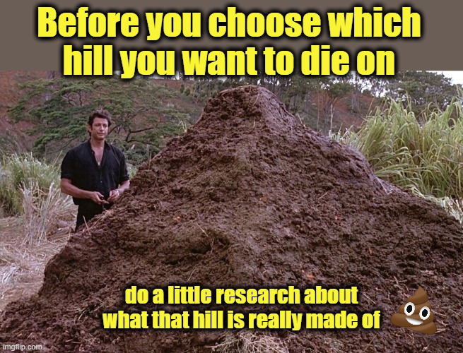 Before you die on that hill ... | Before you choose which
hill you want to die on; do a little research about
what that hill is really made of | image tagged in fact check,shit,bullshit,ignorance,facts,propaganda | made w/ Imgflip meme maker