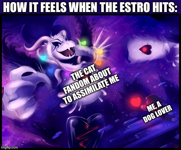 Fanon Asriel would totally be a cat lover, let’s be honest here | HOW IT FEELS WHEN THE ESTRO HITS:; THE CAT FANDOM ABOUT TO ASSIMILATE ME; ME, A DOG LOVER | image tagged in asriel,undertale,meme,cats,funny,estrogen | made w/ Imgflip meme maker