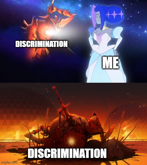 Yes, i am insane | DISCRIMINATION; ME; DISCRIMINATION | image tagged in guinevere sir arthur | made w/ Imgflip meme maker