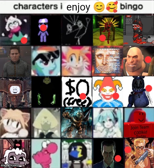 yeah most of these are buns | image tagged in characters i enjoy bingo | made w/ Imgflip meme maker