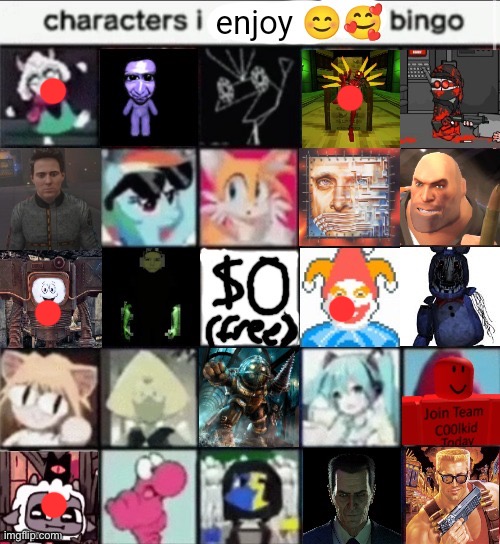 characters I enjoy bingo | image tagged in characters i enjoy bingo | made w/ Imgflip meme maker