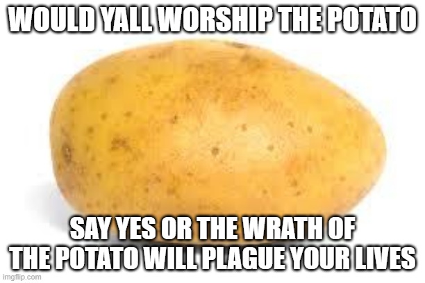 Potato | WOULD YALL WORSHIP THE POTATO; SAY YES OR THE WRATH OF THE POTATO WILL PLAGUE YOUR LIVES | image tagged in potato | made w/ Imgflip meme maker
