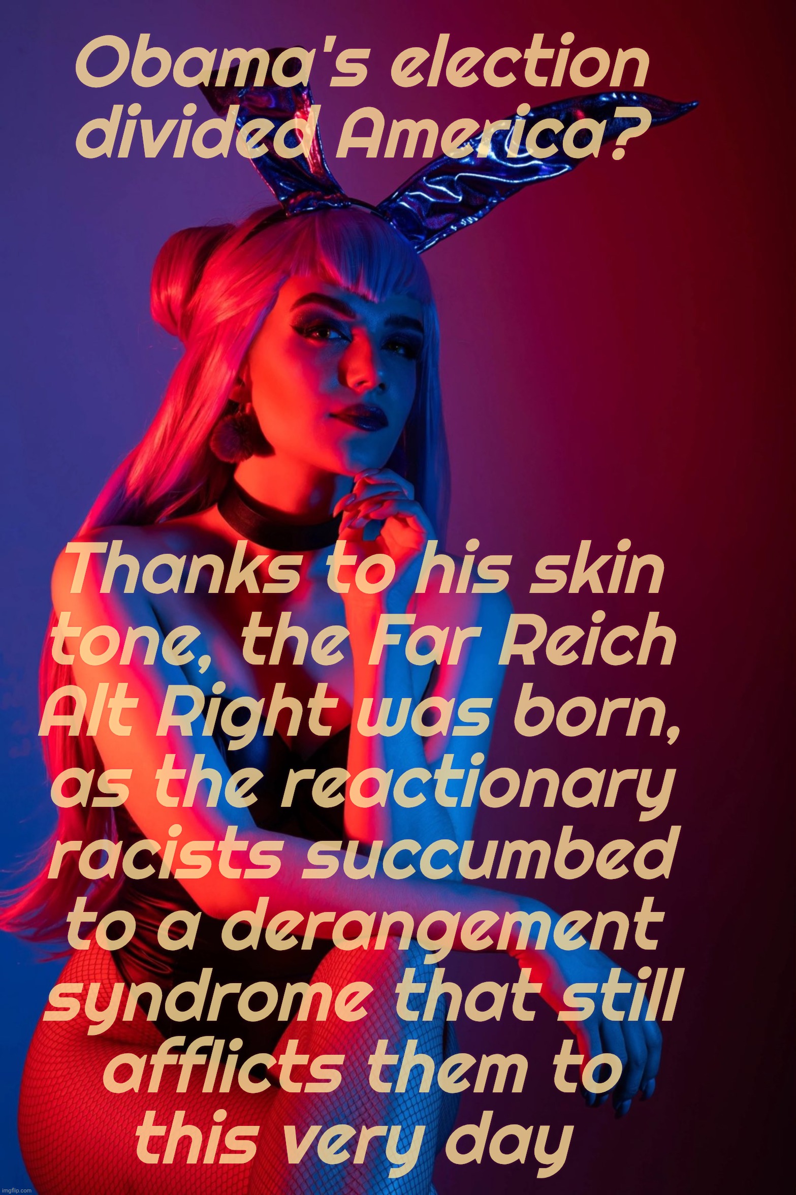 Evelynn K/DA | Obama's election divided America? Thanks to his skin
tone, the Far Reich
Alt Right was born,
as the reactionary
racists succumbed
to a deran | image tagged in evelynn k/da | made w/ Imgflip meme maker