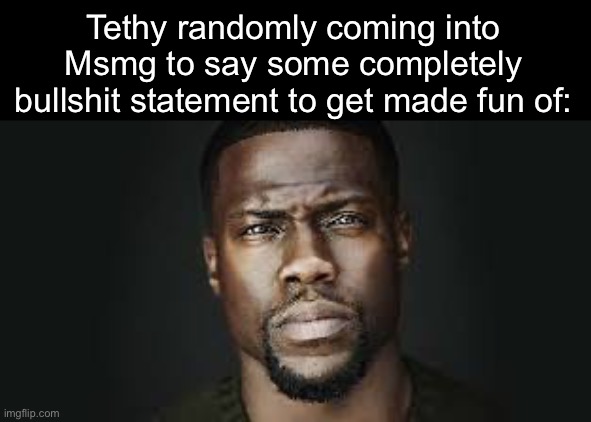 Kevin Hart Stare | Tethy randomly coming into Msmg to say some completely bullshit statement to get made fun of: | image tagged in kevin hart stare | made w/ Imgflip meme maker