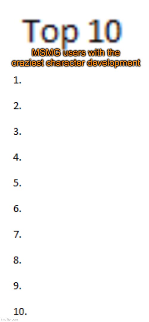 The whole Jehlo thing gave me the idea to start a nomination | MSMG users with the craziest character development | image tagged in top 10 list | made w/ Imgflip meme maker