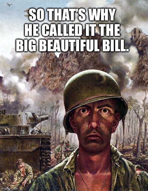 1000 yard stare | SO THAT’S WHY HE CALLED IT THE BIG BEAUTIFUL BILL. | image tagged in 1000 yard stare,donald trump,bill clinton,big beautiful bill | made w/ Imgflip meme maker