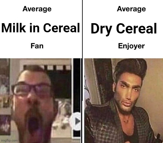 Dry Cereal Meme | Milk in Cereal; Dry Cereal | image tagged in average fan vs average enjoyer,cereal | made w/ Imgflip meme maker
