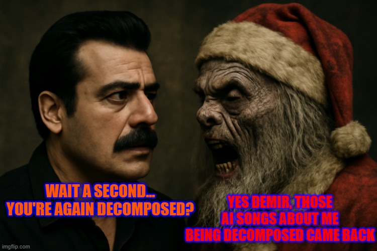the ai songs i did last year? they were just the beginning (Demir Yaman vs Decomposed Santa Claus) | YES DEMIR, THOSE AI SONGS ABOUT ME BEING DECOMPOSED CAME BACK; WAIT A SECOND... YOU'RE AGAIN DECOMPOSED? | made w/ Imgflip meme maker