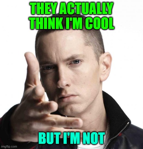 Eminem video game logic | THEY ACTUALLY THINK I'M COOL; BUT I'M NOT | image tagged in eminem video game logic | made w/ Imgflip meme maker