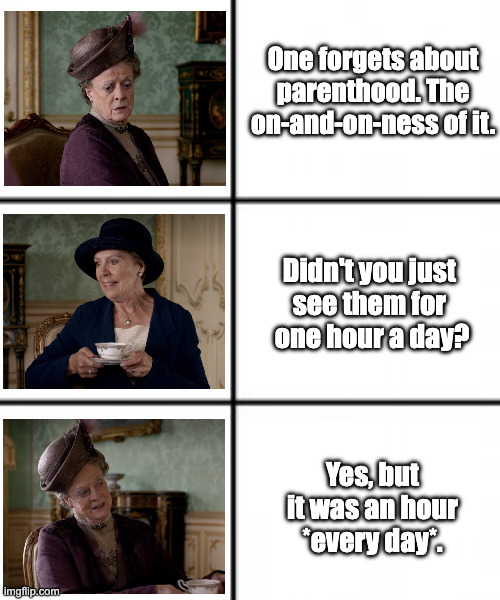 Parenting is so hard | One forgets about parenthood. The on-and-on-ness of it. Didn't you just 
see them for 
one hour a day? Yes, but it was an hour *every day*. | image tagged in 3 x 2 meme template | made w/ Imgflip meme maker