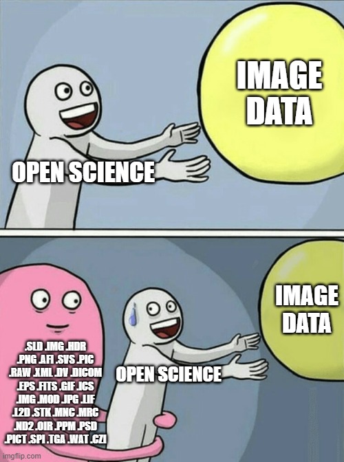 Sorry, I had to skip a few formats | IMAGE DATA; OPEN SCIENCE; IMAGE DATA; .SLD .IMG .HDR .PNG .AFI .SVS .PIC .RAW .XML .DV .DICOM .EPS .FITS .GIF .ICS .IMG .MOD .JPG .LIF .L2D .STK .MNC .MRC .ND2 .OIR .PPM .PSD .PICT .SPI .TGA .WAT .CZI; OPEN SCIENCE | image tagged in memes,running away balloon,file format | made w/ Imgflip meme maker