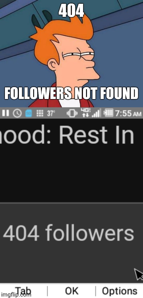Error 404: Followers not found | 404; FOLLOWERS NOT FOUND | image tagged in memes,futurama fry | made w/ Imgflip meme maker