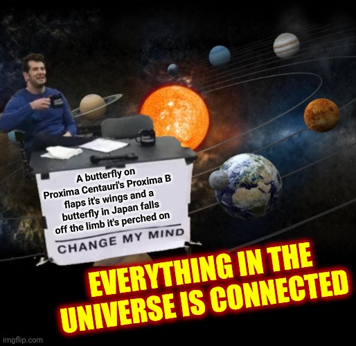 Everything In This Universe Is Connected To Everything Else In This Universe | A butterfly on Proxima Centauri's Proxima B
flaps it's wings and a butterfly in Japan falls off the limb it's perched on; EVERYTHING IN THE UNIVERSE IS CONNECTED | image tagged in change my mind,connection,universal knowledge,the universe,memes,the great awakening | made w/ Imgflip meme maker