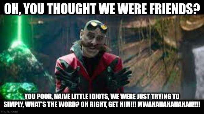 OH, YOU THOUGHT WE WERE FRIENDS? YOU POOR, NAIVE LITTLE IDIOTS, WE WERE JUST TRYING TO SIMPLY, WHAT'S THE WORD? OH RIGHT, GET HIM!!! MWAHAHA | made w/ Imgflip meme maker