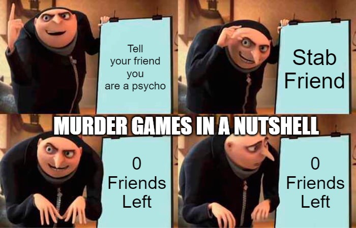 Vrchat murder games be like | Tell your friend you are a psycho; Stab Friend; MURDER GAMES IN A NUTSHELL; 0 Friends Left; 0 Friends Left | image tagged in memes,gru's plan,vrchat,funny,fun | made w/ Imgflip meme maker