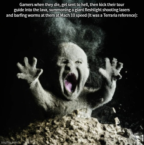 Gamers when they die, get sent to hell, then kick their tour guide into the lava, summoning a giant fleshlight shooting lasers and barfing worms at them at Mach 10 speed (It was a Terraria reference): | made w/ Imgflip meme maker