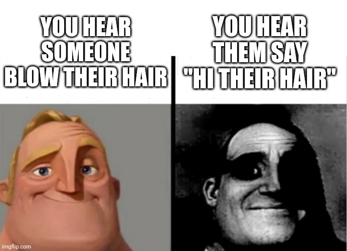 Teacher's Copy | YOU HEAR SOMEONE BLOW THEIR HAIR YOU HEAR THEM SAY "HI THEIR HAIR" | image tagged in teacher's copy | made w/ Imgflip meme maker