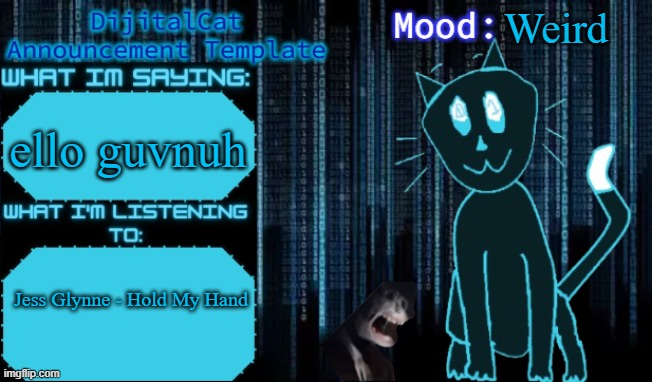 DijitalCat's Announcement Template | Weird; ello guvnuh; Jess Glynne - Hold My Hand | image tagged in dijitalcat's announcement template | made w/ Imgflip meme maker